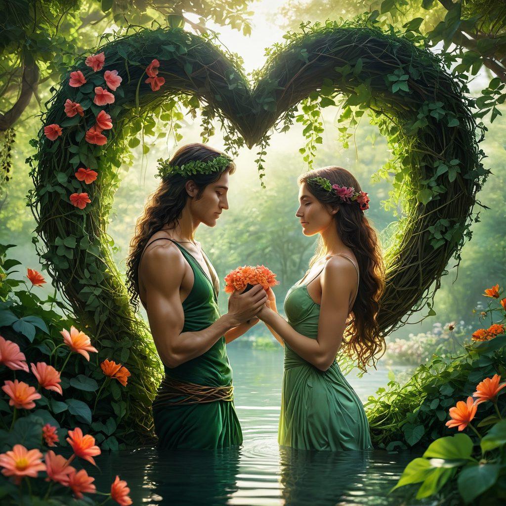 A lush green heart formed by intertwining vines and flowers, symbolizing love and nature. In the foreground, a couple embraces, surrounded by blooming plants and soft sunlight filtering through the leaves. A serene landscape in the background with gently flowing water, hinting at harmony between romance and the environment. super-realistic. vibrant colors. soft focus.