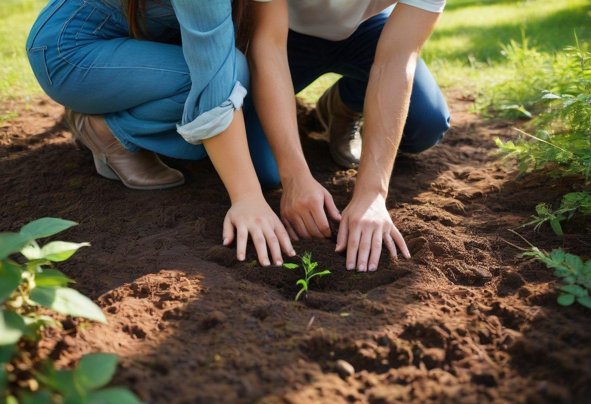 A lush, green landscape depicting diverse plant life, intertwined roots symbolizing connection, and a serene couple planting a tree together under a clear blue sky. Soft sunlight filters through the leaves, creating a warm and inviting atmosphere that embodies intimacy with nature. The scene showcases the beauty of earth-friendly practices and harmony with the environment. vibrant colors. super-realistic.