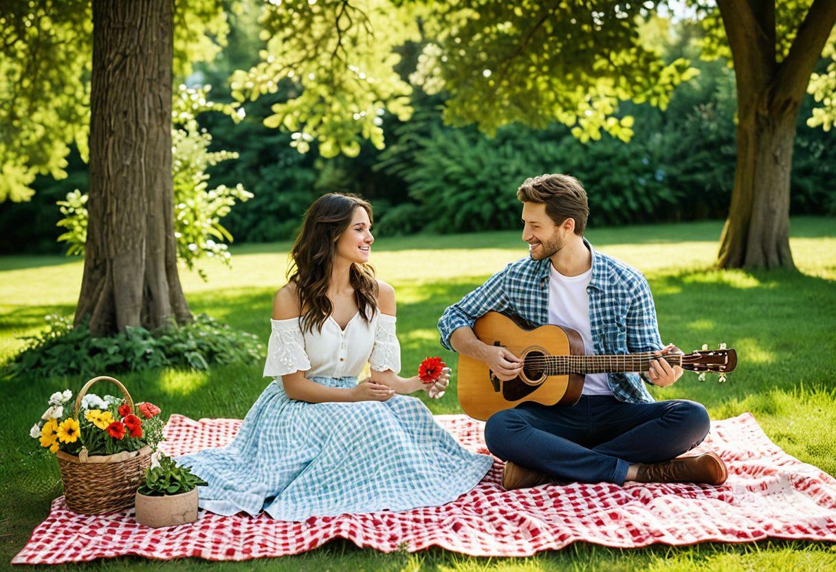 A serene couple enjoying a picnic in a lush green park, surrounded by blooming flowers and tall trees, with handicraft gifts made from recycled materials scattered around. The sunlight filters through the leaves, creating a warm and inviting atmosphere that symbolizes love and nature intertwined. Emphasize warmth, harmony, and the beauty of eco-friendly living. vibrant colors. super-realistic.